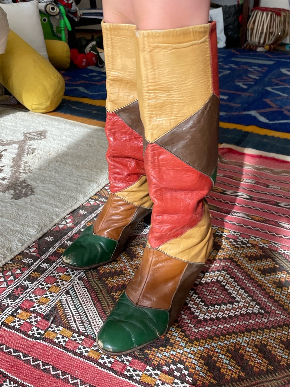 vintage patchwork leather women’s heeled boots